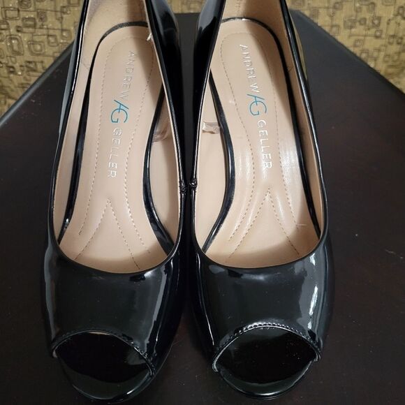 BLACK GLOSSY ANDREW GELLER TAYA OPEN TOE HIGH HEEL WOMEN"S SHOE - Picture 3 of 16